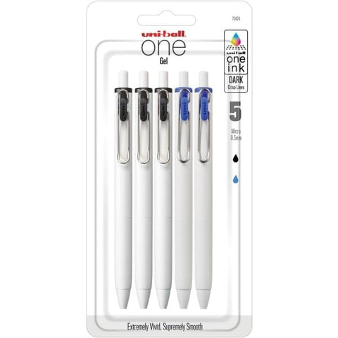 Uni-Ball® One Retractable Gel Pens, Micro Point, 0.5 mm, White Barrel, Black/Blue Ink, Pack Of 5 Pens Uni-Ball® One Retractable Gel Pens, Micro Point, 0.5 mm, White Barrel, Black/Blue Ink, Pack Of 5 Pens