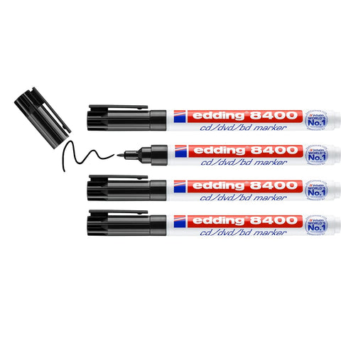 edding 8400 CD/DVD/BD marker - black - 4 pens - fine round nib 0.5-1 mm - for permanent labelling of CDs, DVDs and Blu-Ray Discs edding 8400 CD/DVD/BD marker - black - 4 pens - fine round nib 0.5-1 mm - for permanent labelling of CDs, DVDs and Blu-Ray Discs