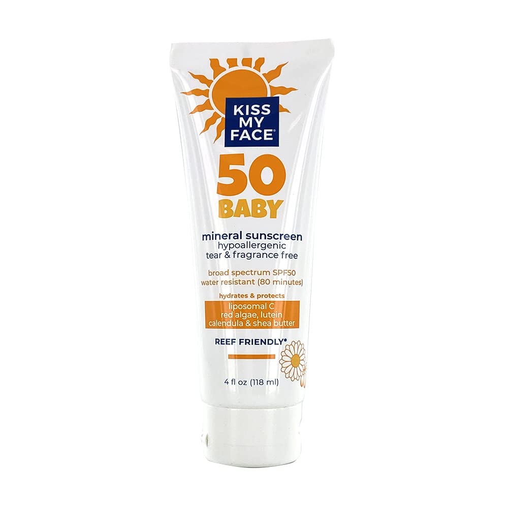 Kiss My Face Baby Sunscreen Lotion SPF 50 - Water-Resistant Sunscreen Mineral Lotion - Reef-Friendly & Cruelty-Free - Hypoallergenic, Tear-Free And Fragrance-Free With Shea Butter - 4 fl oz Tube