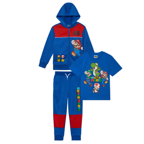 Nintendo Super Mario Boys 3-Piece Set, Super Mario Zip-Up Hoodie, T-shirt, & Pants 3-Pack Bundle Set for Boys (Blue, Size 4) Nintendo Super Mario Boys 3-Piece Set, Super Mario Zip-Up Hoodie, T-shirt, & Pants 3-Pack Bundle Set for Boys (Blue, Size 4)
