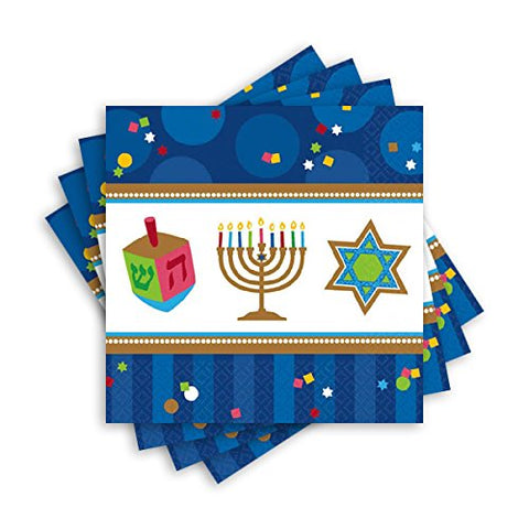 Joyous Menorah Celebration Beverage Napkins Tableware, Blue/White, Paper 5" x 5"36-Piece Joyous Menorah Celebration Beverage Napkins Tableware, Blue/White, Paper 5" x 5"36-Piece
