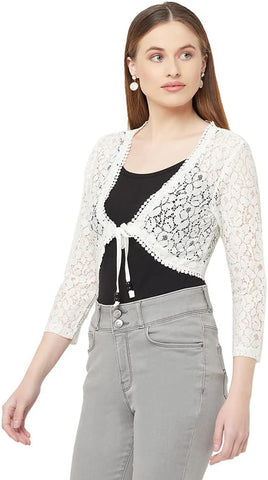 ESPRESSO Women Designer Lace Front Tie Up Short Shrug/Cardigan (Regular and Plus Size), Off-White, M