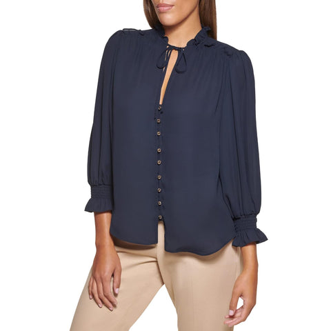 DKNY Women's Long Balloon Sleeve Blouse, Navy, S DKNY Women's Long Balloon Sleeve Blouse, Navy, S