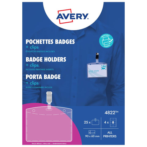 Avery 4832 Clip Badge Holders with Printable Name Inserts (90 x 60 mm Badges) - White, Pack of 25 Avery 4832 Clip Badge Holders with Printable Name Inserts (90 x 60 mm Badges) - White, Pack of 25