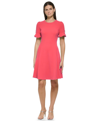 DKNY Women's Flounce Sleeve with Button Fit and Flare Dress, Melon, 14 DKNY Women's Flounce Sleeve with Button Fit and Flare Dress, Melon, 14