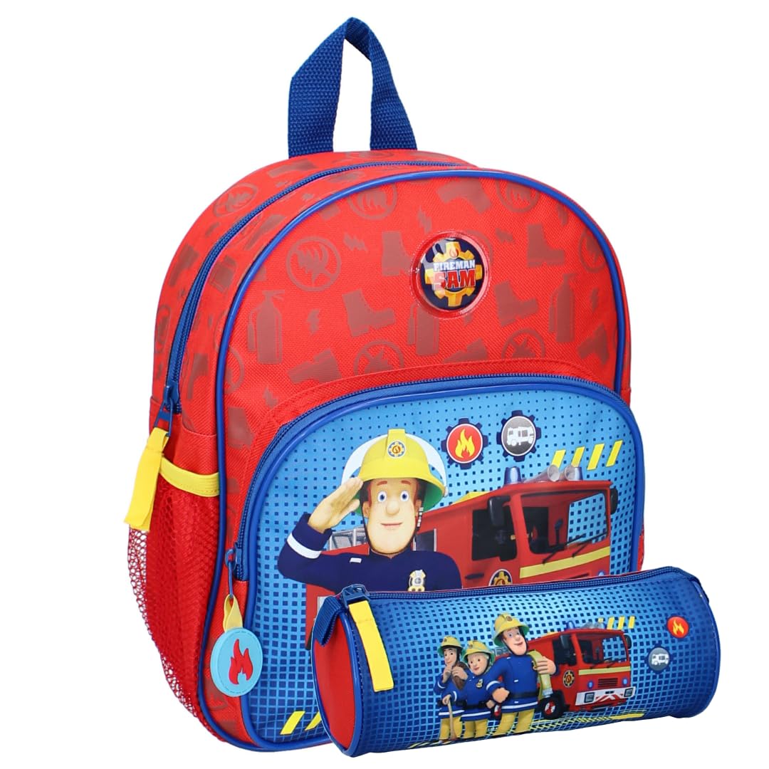 mybagstory - Backpack - 2 Piece Set - Set - Fireman Sam - Red - Child - School - Kindergarten - Primary - School Bag - Boy - Size 29 cm - Adjustable Straps - Gift Idea + Pencil Case, Red, 29 cm