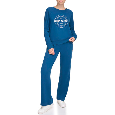DKNY Women's Lurex Athletic Medallion Logo Pullover Sweatshirt, Poseidon, M DKNY Women's Lurex Athletic Medallion Logo Pullover Sweatshirt, Poseidon, M