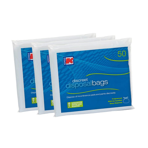 Kordis Large Adult Incontinence Disposal Bags - 3 x 50 Bags. Fragranced Nappy Sacks With Tie Handles - Disposable & Discreet. Hygienic Waste Disposal Of Incontinence Pads. 150 Bag Count - 32 x 42cm