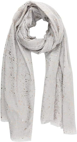 Evening Star Sparkle Scarves for Women Lightweight Shawl Wedding Foil Print Scarf Wrap Stars and Moons, Light Grey Scarf With Rose Gold Sparkles, 180 cm x 80 cm