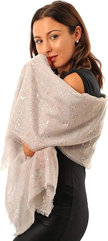 Evening Star Sparkle Scarves for Women Lightweight Shawl Wedding Foil Print Scarf Wrap Stars and Moons, Light Grey Scarf With Rose Gold Sparkles, 180 cm x 80 cm