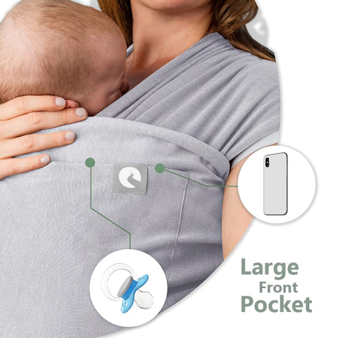 Baby Sling Wrap with Large Front Pocket - Naturally Soft Baby Wrap Carrier - Cotton Baby Sling Carrier from Birth - Baby Sling Newborn to Toddler Carrier - The Pocket Wrapâ„¢ by Trekki (Grey)