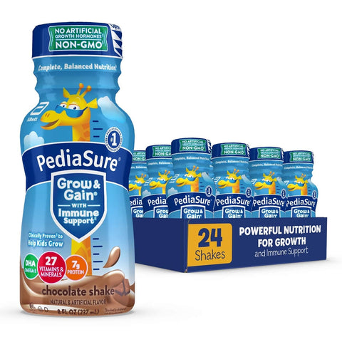 PediaSure Grow & Gain with Immune Support, Kids Protein Shake, 27 Vitamins and Minerals, 7g Protein, Helps Kids Catch Up On Growth, Non-GMO, Gluten-Free, Chocolate, 8 Fl Oz (Pack of 24) PediaSure Grow & Gain with Immune Support, Kids Protein Shake, 27 Vitamins and Minerals, 7g Protein, Helps Kids Catch Up On Growth, Non-GMO, Gluten-Free, Chocolate, 8 Fl Oz (Pack of 24)
