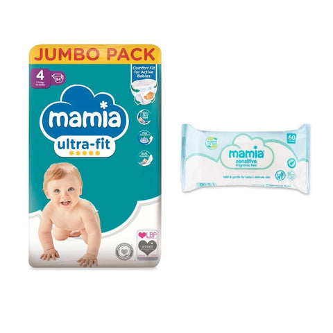 Mamia Size 4 Nappies Jumbo 84 Pack + 60 Fragrance Free Baby Wipes Mamia Size 4 Nappies Jumbo 84 Pack + 60 Fragrance Free Baby Wipes