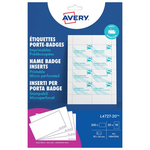 Avery L4727-20 Printable Name Badge Insert Refills (90 x 54 mm Inserts) - White, Pack of 200 Avery L4727-20 Printable Name Badge Insert Refills (90 x 54 mm Inserts) - White, Pack of 200
