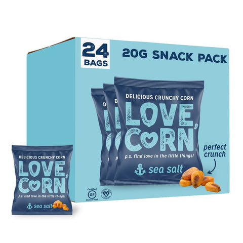 LOVE CORN Sea Salt Crunchy Corn Snack 20g x 24 Bags - Healthy Snacks Ideal for Gluten Free & Vegan Diets - Low Sugar Alternative for Crisps, Mixed Nuts & Pretzels - Perfect To Graze On