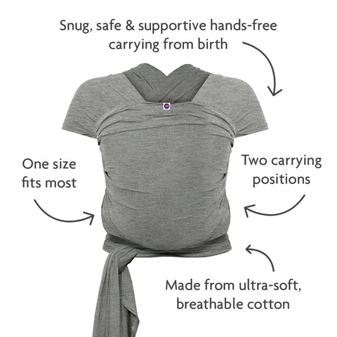 Izmi Essential Baby Wrap | Soft Stretch Natural Cotton Material with 2 Hands Free Carrying Positions | UK Hip Healthy Design Ideal Suitable from Birth to 9kg | Grey