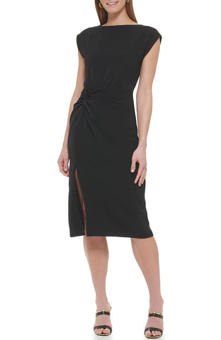 DKNY Women's Midi Drapey Crepe Jewel Neck Dress, BLK, 4 DKNY Women's Midi Drapey Crepe Jewel Neck Dress, BLK, 4