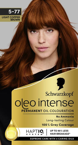 Schwarzkopf Oleo Intense Permanent Oil Colour 5-77 Light Copper Brown Hair Dye, 100% Grey Coverage, Conditioner with HaptIQ System, Long-Lasting Colour, Ammonia Free Schwarzkopf Oleo Intense Permanent Oil Colour 5-77 Light Copper Brown Hair Dye, 100% Grey Coverage, Conditioner with HaptIQ System, Long-Lasting Colour, Ammonia Free