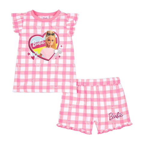Barbie Girls Pyjamas, Short Frilled Doll Pjs, Chequered Print Pj Set, Doll Gifts For Young Girls (UK, Age, 5 Years, 6 Years, Regular, Pink/White)