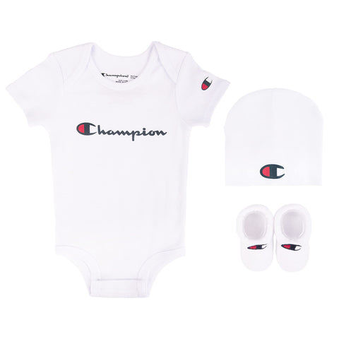 Champion Baby Logo Script Infant 3-Piece Box Includes a Body Suit, a hat and Pair of Booties in Multiple Colors, ClassicScript-White 100, 0-6 Champion Baby Logo Script Infant 3-Piece Box Includes a Body Suit, a hat and Pair of Booties in Multiple Colors, ClassicScript-White 100, 0-6