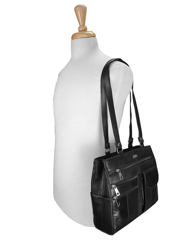 Quenchy London Ladies Real Leather Handbag - Womens Designer Black Shoulder Hand Bag with 2 Top Handles, 8 Pockets, 2 Large Zipped Main Sections - Medium Practical Size - QL173 Quenchy London Ladies Real Leather Handbag - Womens Designer Black Shoulder Hand Bag with 2 Top Handles, 8 Pockets, 2 Large Zipped Main Sections - Medium Practical Size - QL173