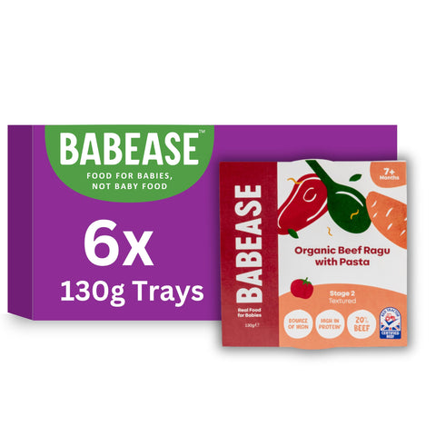 Babease Premium Organic Stage 2 Beef Ragu with Wholegrain Pasta, Weaning 7 Months+, Natural Baby Food Pots, Nut Free, Pack of 6 x 130g Babease Premium Organic Stage 2 Beef Ragu with Wholegrain Pasta, Weaning 7 Months+, Natural Baby Food Pots, Nut Free, Pack of 6 x 130g