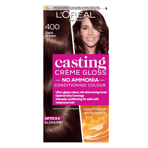 L'Oreal Paris Ammonia Free Semi-Permanent Hair Dye, 400 Dark Brown, Glossy Hair Colour, Natural Looking Finish, For up to 28 Shampoos, Casting CrÃ¨me Gloss, 1 Application