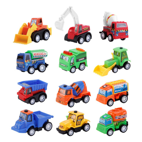 Fun-Here 12 Packs Construction Toy Pull Back Digger Mini Vehicles Excavator Bulldozer Truck Toy for 2 3 4 5 Year Old Kids Boy Girl Toddlers Party Favor Cake Decorations Birthday Gift