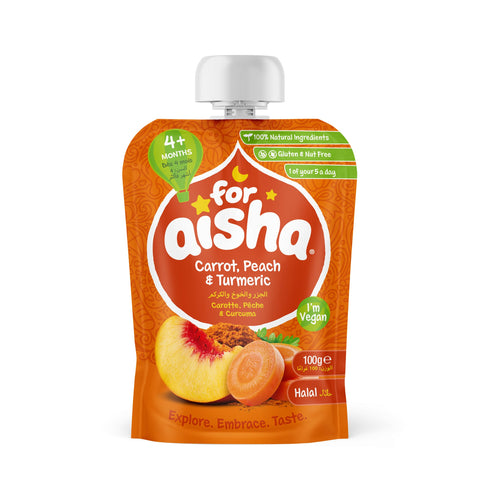 For Aisha Carrot, Peach & Turmeric Fruit & Veg Pouch, Pack of 8 x 100g, from 4 Months +, Baby Food Pouch. Dairy Free, Gluten Free, Nut Free, Vegan, Halal For Aisha Carrot, Peach & Turmeric Fruit & Veg Pouch, Pack of 8 x 100g, from 4 Months +, Baby Food Pouch. Dairy Free, Gluten Free, Nut Free, Vegan, Halal