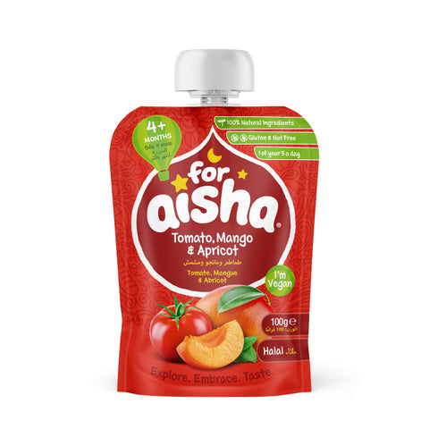 For Aisha Tomato, Mango & Apricot Veg & Fruit Pouch, Pack of 8 x 100g, from 4 Months +, Baby Food Pouch. Dairy Free, Gluten Free, Nut Free, Vegan, Halal, Soy Free For Aisha Tomato, Mango & Apricot Veg & Fruit Pouch, Pack of 8 x 100g, from 4 Months +, Baby Food Pouch. Dairy Free, Gluten Free, Nut Free, Vegan, Halal, Soy Free