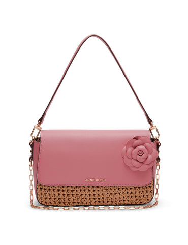 Anne Klein Soft Straw Flap Shoulder Bag with Floral Applique, Natural/Vintage Pink Anne Klein Soft Straw Flap Shoulder Bag with Floral Applique, Natural/Vintage Pink