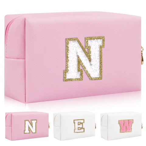 Personalized Initial Letter Patch Makeup Bag, Preppy Chenille Letter Cosmetic Pouch with Zipper, Pink/White-Letter, N Personalized Initial Letter Patch Makeup Bag, Preppy Chenille Letter Cosmetic Pouch with Zipper, Pink/White-Letter, N