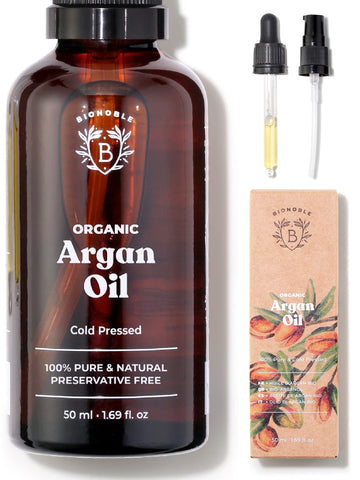 Bionoble Organic Argan Oil 50ml - 100% Pure, Natural and Cold Pressed - for Hair, Face, Body, Beard, Nails - Vegan and Cruelty Free - Glass Bottle + Pipette + Pump