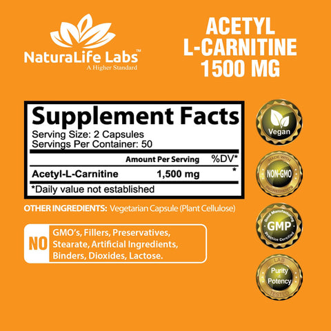 Acetyl L-Carnitine 1,500 mg High Potency Supports Natural Energy Production, Sports Nutrition, Supports Memory/Focus - 100 Veggie Capsules