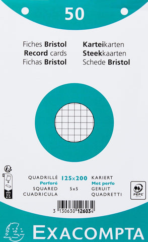 Exacompta - Ref 12603E - Bristol Squared Record Cards (Pack of 50) - 125 x 200mm in Size, 205gsm Card, Compatible with Printers - Suitable for Exam Revision & Notes - White Exacompta - Ref 12603E - Bristol Squared Record Cards (Pack of 50) - 125 x 200mm in Size, 205gsm Card, Compatible with Printers - Suitable for Exam Revision & Notes - White