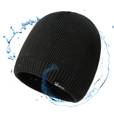 TOP-EX Waterproof Merino Wool Knitted Beanie Hat for Men Women Fleece Lined, Warm Winter Hat for Golf, Running UK Cold Weather Black M