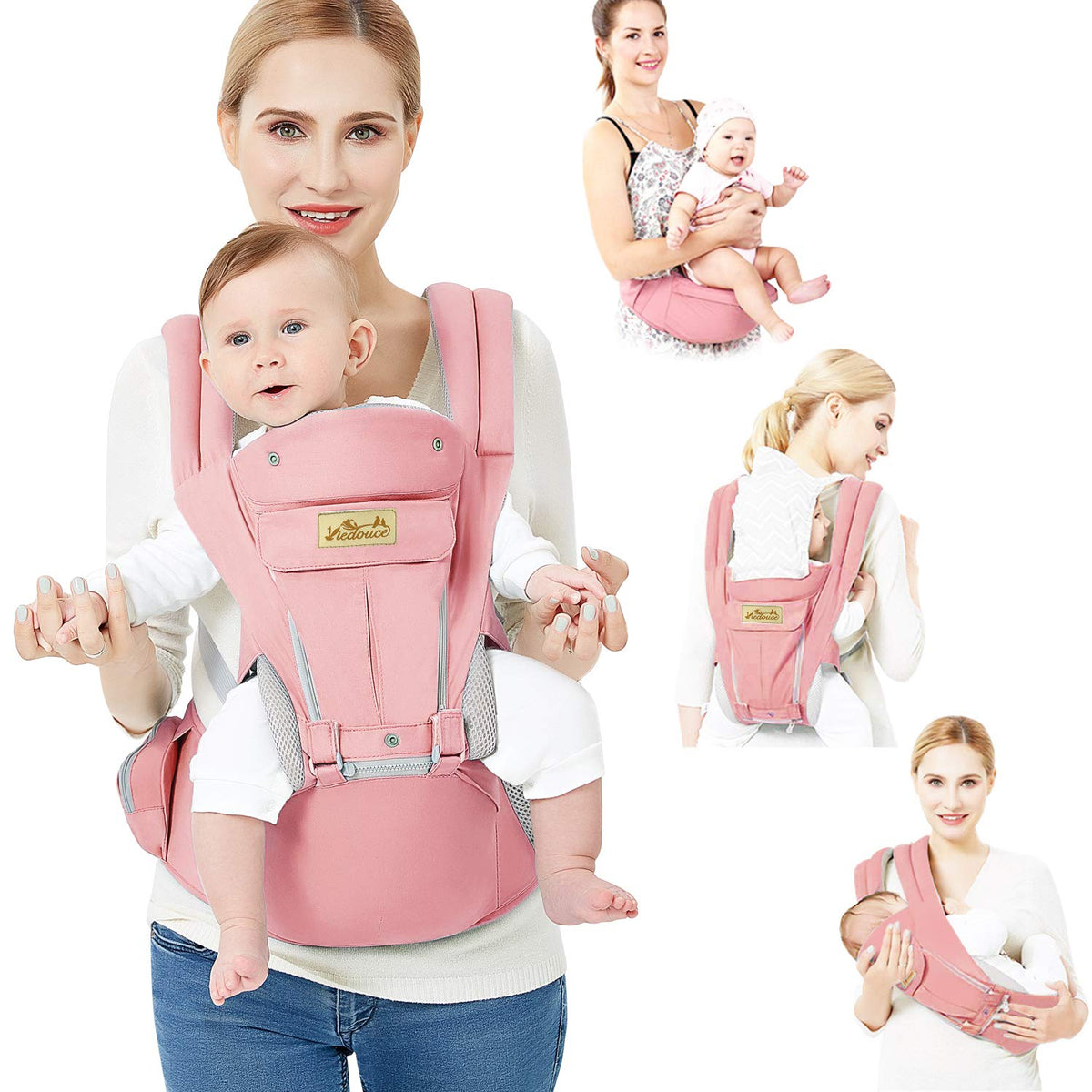 Viedouce Baby Carrier Ergonomic with Hip Seat/Pure Cotton Lightweight and Breathable/Multiposition:Dorsal, Ventral, Adjustable for Newborn and Toddler 3 to 48 Month (3.5 to 20 kg)