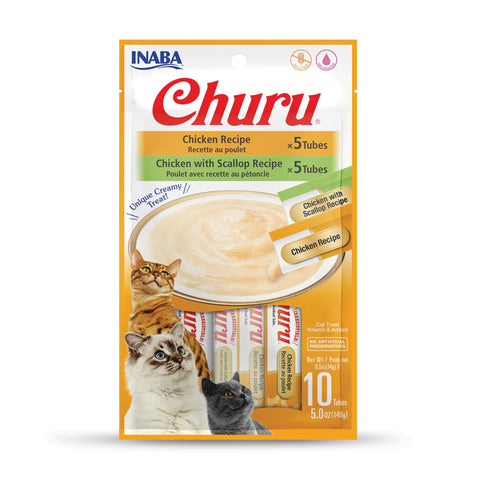 INABA Churu Cat Treats, Grain-Free, Lickable, Squeezable Creamy Purée Cat Treat/Topper with Vitamin E & Taurine, 0.5 Ounces Each Tube, 10 Tubes Total/Two Flavors, Chicken Variety INABA Churu Cat Treats, Grain-Free, Lickable, Squeezable Creamy Purée Cat Treat/Topper with Vitamin E & Taurine, 0.5 Ounces Each Tube, 10 Tubes Total/Two Flavors, Chicken Variety