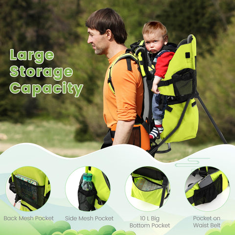 COSTWAY Baby Backpack Carrier, Ergonomic Toddler Hiking Carriers with Removable Rain Cover & Mouthwipes, 4-Height Seat, Adjustable Straps for 6-36 Months (Green)