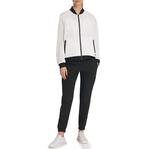 DKNY womens Bomber Jacket, White Bomber With Black High Density Stripe Logo, Medium US DKNY womens Bomber Jacket, White Bomber With Black High Density Stripe Logo, Medium US