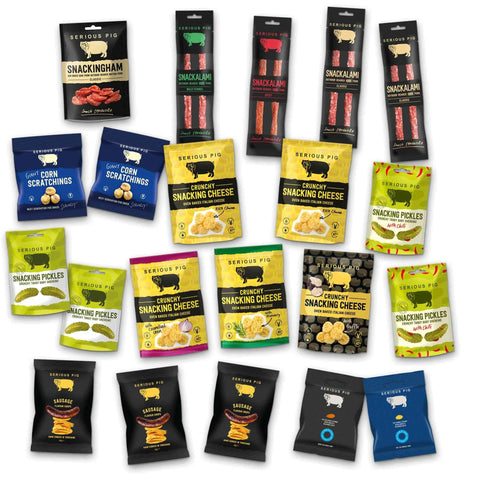 SERIOUS PIG | Gourmet Snack Hamper | with Crunchy Cheese, Salami Sticks, Pickles, Crisps, Salted Peanuts, Roast Almonds and Corn Scratchings. Delicious Savoury Pub Snacks (21 Packets)