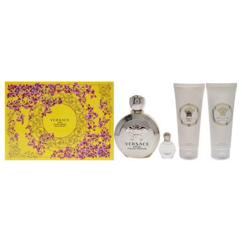 Versace Versace Eros 3.4oz EDP Spray, 3.4oz Body Lotion, 3.4oz Bath and Shower Gel, 5ml EDP Rollerball Mini Women 4 Pc Gift Set Versace Versace Eros 3.4oz EDP Spray, 3.4oz Body Lotion, 3.4oz Bath and Shower Gel, 5ml EDP Rollerball Mini Women 4 Pc Gift Set