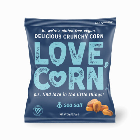 LOVE CORN Sea Salt Crunchy Corn Snack 20g x 24 Bags - Healthy Snacks Ideal for Gluten Free & Vegan Diets - Low Sugar Alternative for Crisps, Mixed Nuts & Pretzels - Perfect To Graze On