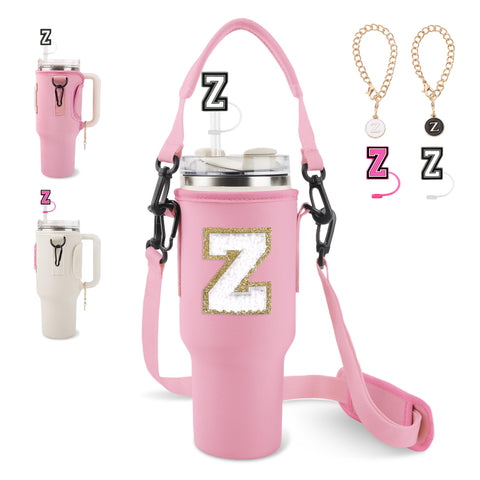 Initial Water Bottle Holder Bag for Stanley 40oz Tumbler with Hand & Adjustable Shoulder Strap, Personalized Initial 2 Straw Cover Cap & 2 Letter Chains, Gift for Stanley Cup Accessories(Pink-White Z) Initial Water Bottle Holder Bag for Stanley 40oz Tumbler with Hand & Adjustable Shoulder Strap, Personalized Initial 2 Straw Cover Cap & 2 Letter Chains, Gift for Stanley Cup Accessories(Pink-White Z)