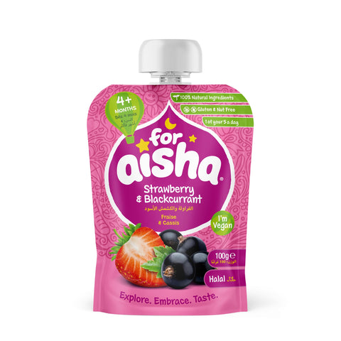 For Aisha Strawberry & Blackcurrant Pouch, Pack of 8 x 100g, from 4 Months +, Baby Food Pouch. Dairy Free, Gluten Free, Nut Free, Vegan, Halal For Aisha Strawberry & Blackcurrant Pouch, Pack of 8 x 100g, from 4 Months +, Baby Food Pouch. Dairy Free, Gluten Free, Nut Free, Vegan, Halal