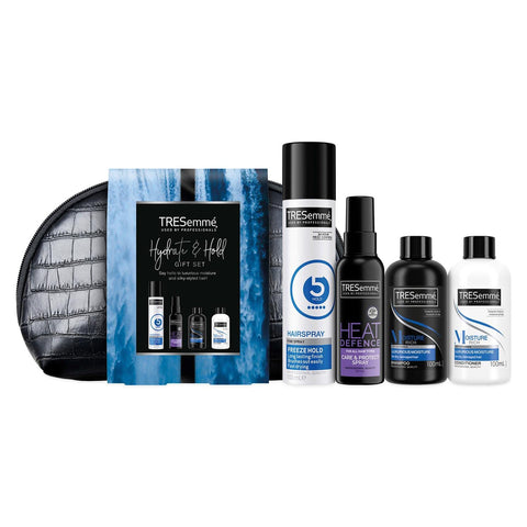 TRESemmÃ© Perfect Hair On-The-Go including Freeze Hold Hairspray with a small faux croc black wash bag Festive Gift Set for Women 4 piece