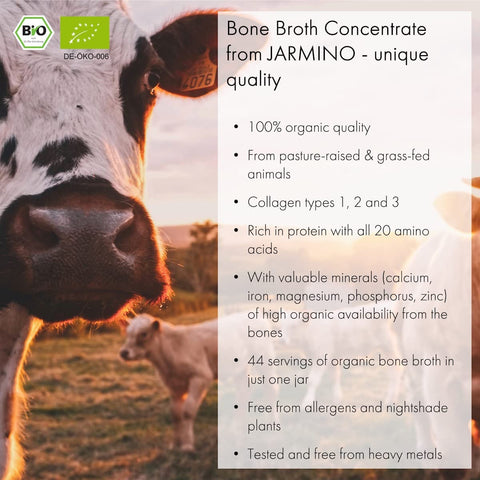 Bone Broth Organic | Concentrate (440g - 44 portions) | Beef Bone Broth - grazing & Grass-fed | Beef Stock | Beef Broth, Keto Food, Dairy Free, Halal | JARMINO