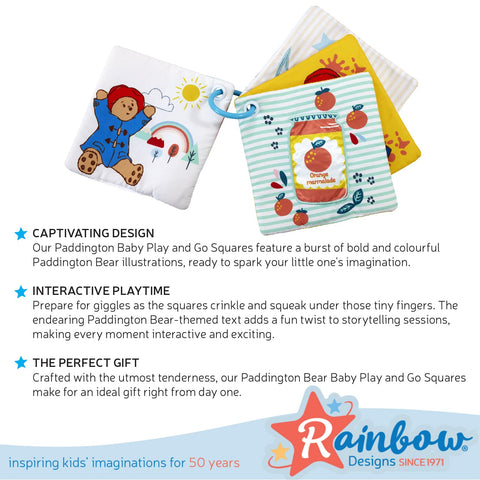 Rainbow Designs Paddington Bear Baby Cloth Book - Touch and Feel Play & Go Square Book for Babies - Colourful Soft Toy with Squeaky & Crinkly Pages - Sensory Pram Toy