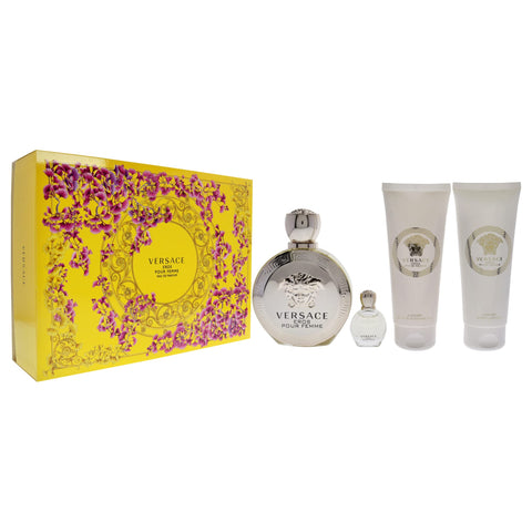 Versace Versace Eros 3.4oz EDP Spray, 3.4oz Body Lotion, 3.4oz Bath and Shower Gel, 5ml EDP Rollerball Mini Women 4 Pc Gift Set Versace Versace Eros 3.4oz EDP Spray, 3.4oz Body Lotion, 3.4oz Bath and Shower Gel, 5ml EDP Rollerball Mini Women 4 Pc Gift Set