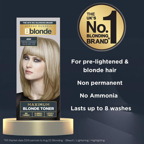Jerome Russell Bblonde Ash Maximum Blonde Toner - Non-Permanent Hair Toner for Pre-Lightened & Blonde Hair Colour, Ash Hair Dye with No Ammonia or Peroxide, Lasts 8 Washes, 75ml